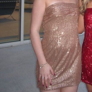 Tan Sequin Strapless Dress